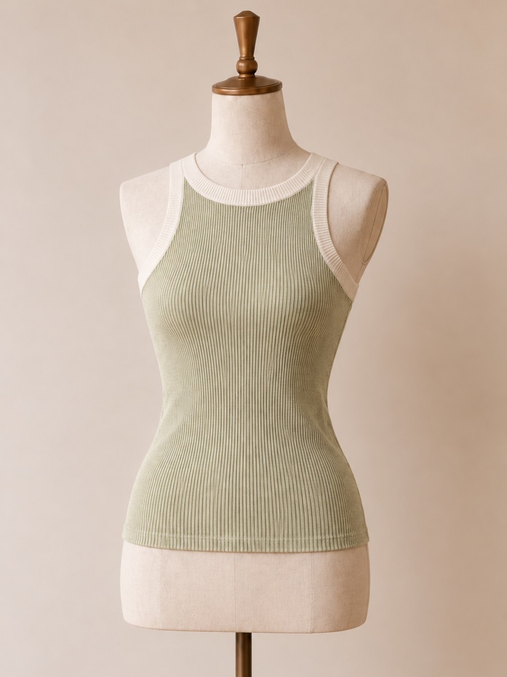 🌼 3/$15 SALE Sleeveless Ribbed Tank in Light Sage with Cream Trim